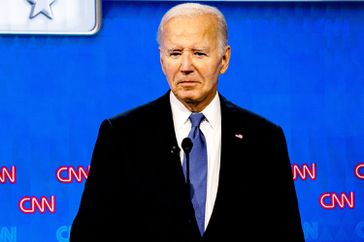 US President Joe Biden during the first presidential debate with former US President Donald Trump, not pictured, in Atlanta, Georgia, US, on Thursday, June 27, 2024. Biden and Trump are facing off for their first 2024 debate, a high-stakes opportunity to break through to politics-weary Americans and one that holds the potential for disastrous missteps.