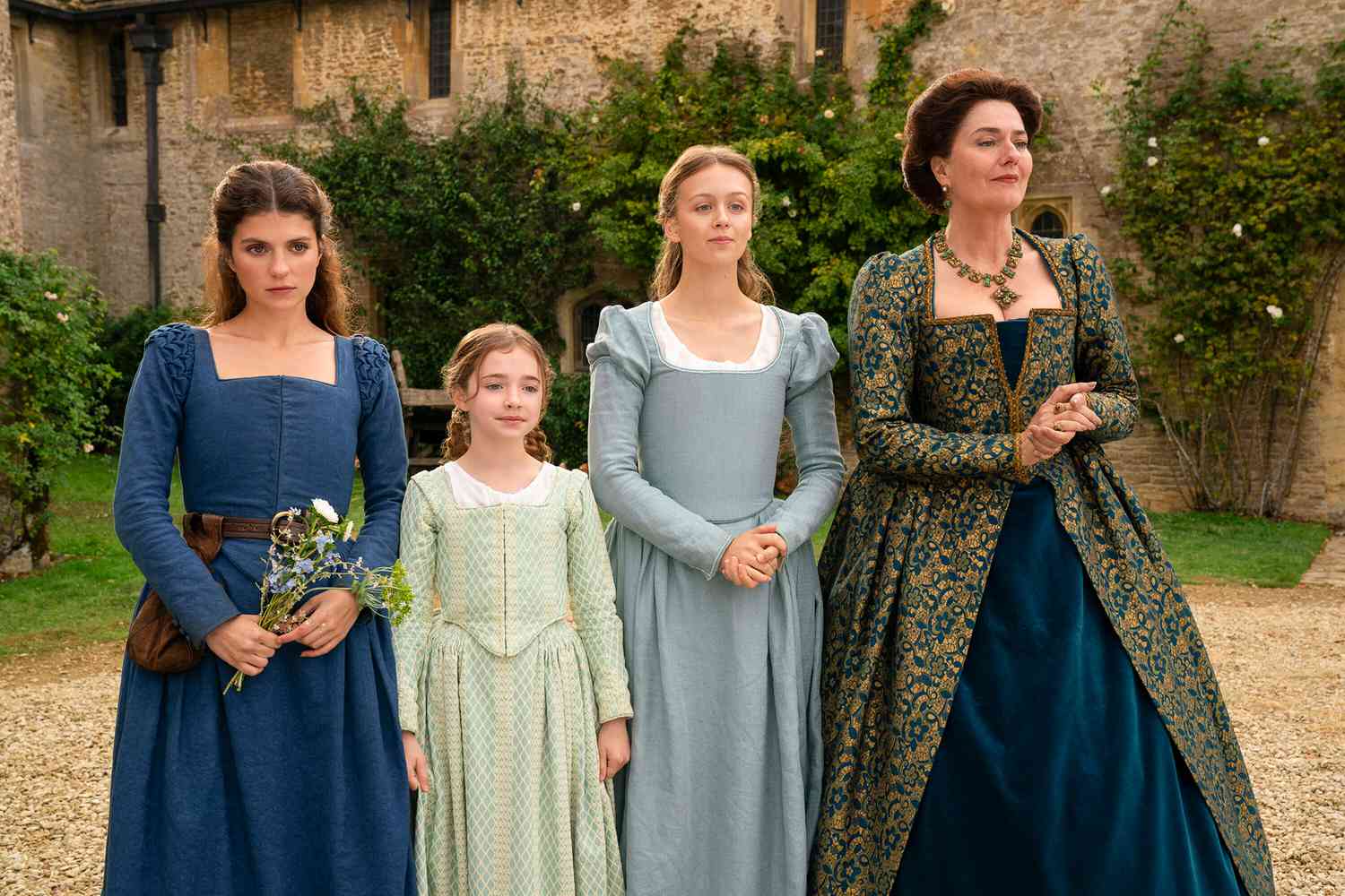 Emily Bader as Lady Jane Grey, Robyn Betteridge as Margaret Grey, Isabella Brownson as Katherine Grey, and Anna Chancellor as Frances Grey on 'My Lady Jane'. 