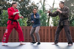 William Zabka as Johnny Lawrence, Ralph Macchio as Daniel LaRusso, Yuji Okumoto as Chozen in Cobra Kai.