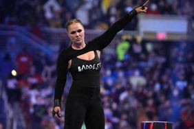 Ronda Rousey celebrates after winning the women’s Royal Rumble match during the Royal Rumble at The Dome at America's Center