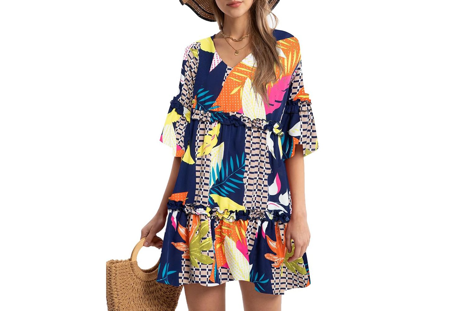 Funlingo Women's Summer Dresses Flowy Tunic Mini Dress Short Sleeve V Neck 