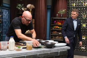 Host Bobby Flay and Chef Michael Symon in round 2, as seen on Bobby's Triple Threat, Season 2