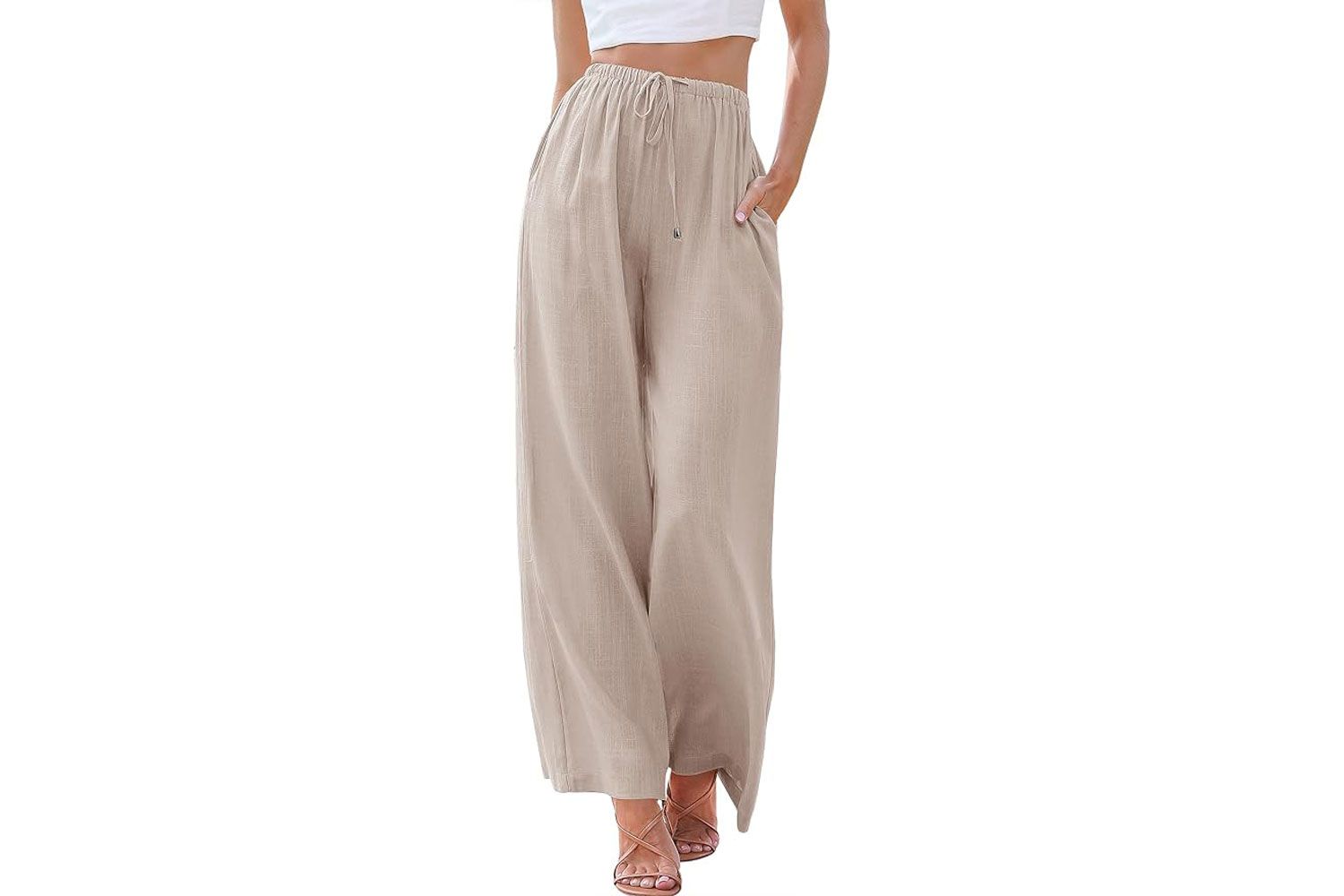 ANRABESS Women's Linen Summer Palazzo Pants Elastic Waist Casual 