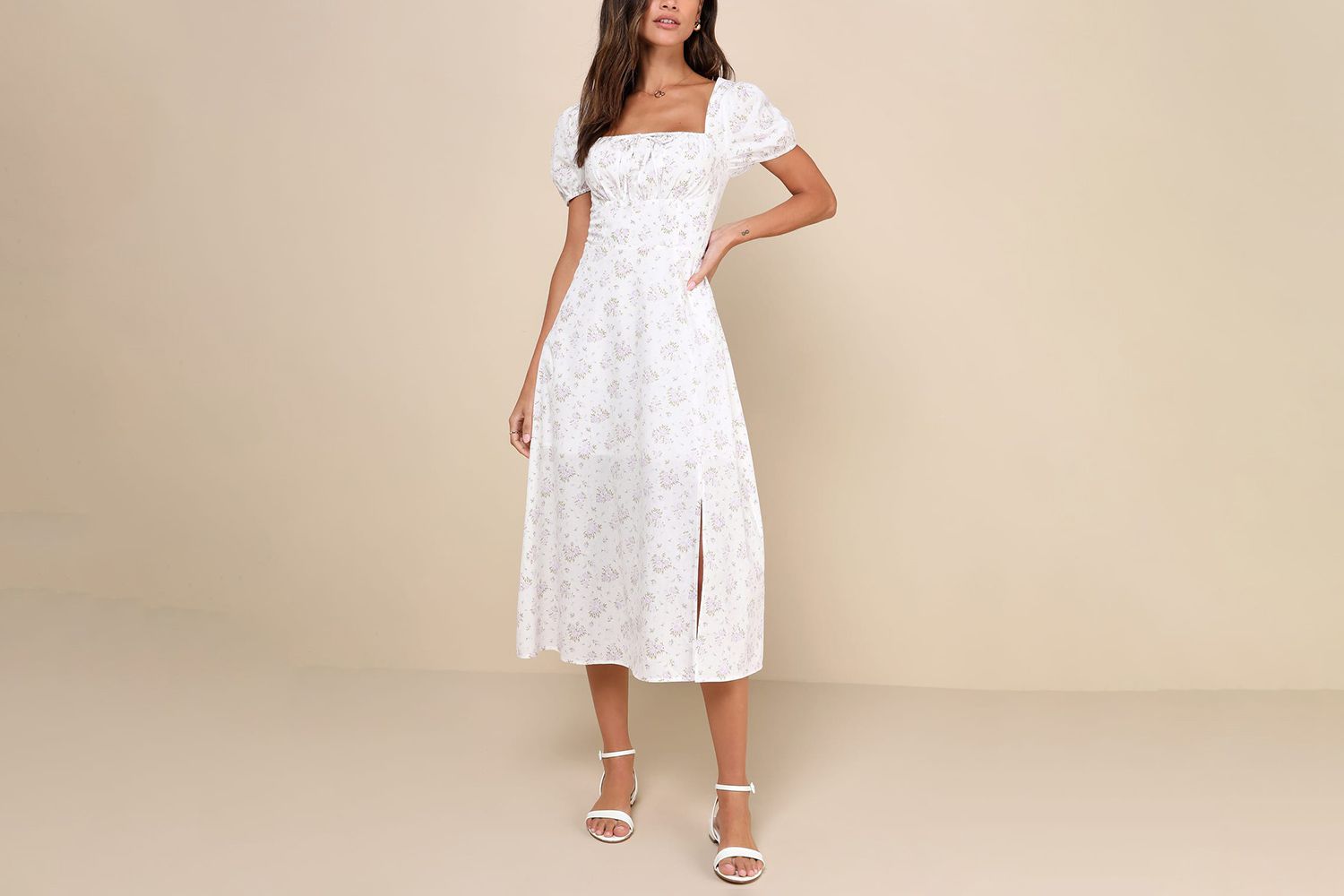 Lulus Darling Appeal White Floral Puff Sleeve Empire Waist Midi Dress