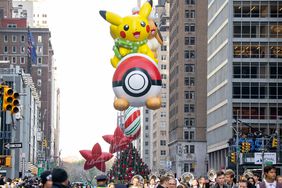 A view of the 'Pikachu and Eevee' balloon at the 2022 Macy's Thanksgiving Day Parade on November 24, 2022 in New York City. 