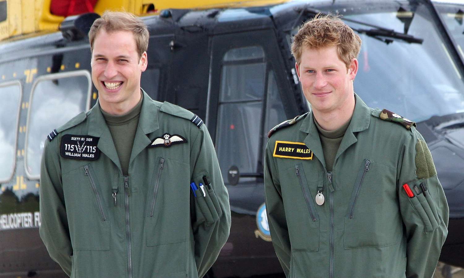 TRH Prince William and Prince Harry pose in front of a Griffin helicopter during a photocall at RAF Shawbury on June 18, 2009 in Shawbury, England. Both the Princes are currently on their military helicopter training courses at RAF Shawbury. The base is home of the Defence Helicopter Flying School. Prince William's course will remain at Shawbury until 2010 while Prince Harry will remain at the base until Autumn 2009.