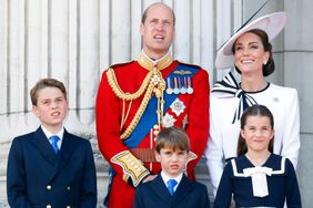 Prince George of Wales, Prince William, Prince of Wales (Colonel of the Welsh Guards), Prince Louis of Wales, Princess Charlotte of Wales and Catherine, Princess of Wales watch an RAF flypast from the balcony of Buckingham Palace after attending Trooping the Colour on June 15, 2024 in London, England