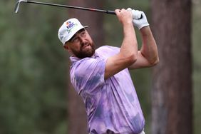  NFL football player Travis Kelce hits his tee on the seventh hole on day two of the 2024 American Century Championship at Edgewood Tahoe Golf Course on July 13, 2024 