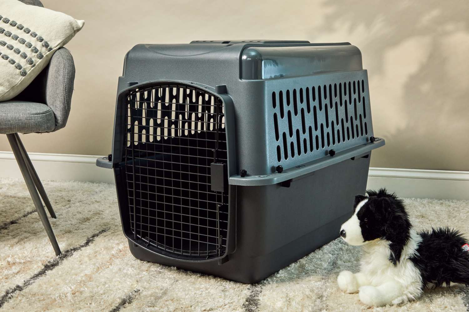 Petmate Sky Kennel Pet Carrier (for travel) sits on carpet next to dog stuffed animal