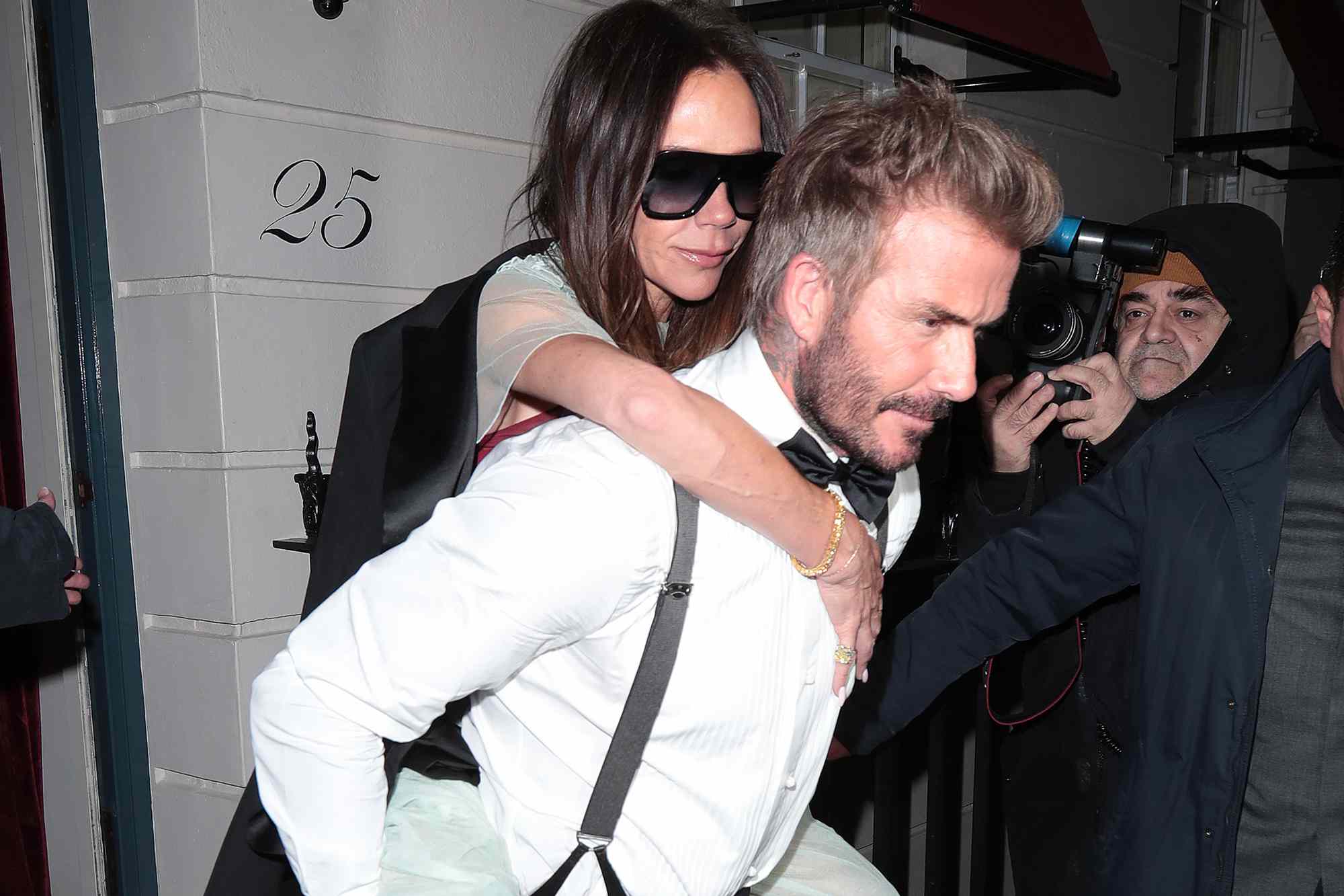 David Beckham and Victoria Beckham are seen leaving Victoria Beckham's 50th Birthday Party at OswaldÃ¢ÂÂs on April 20, 2024 in London, England. 