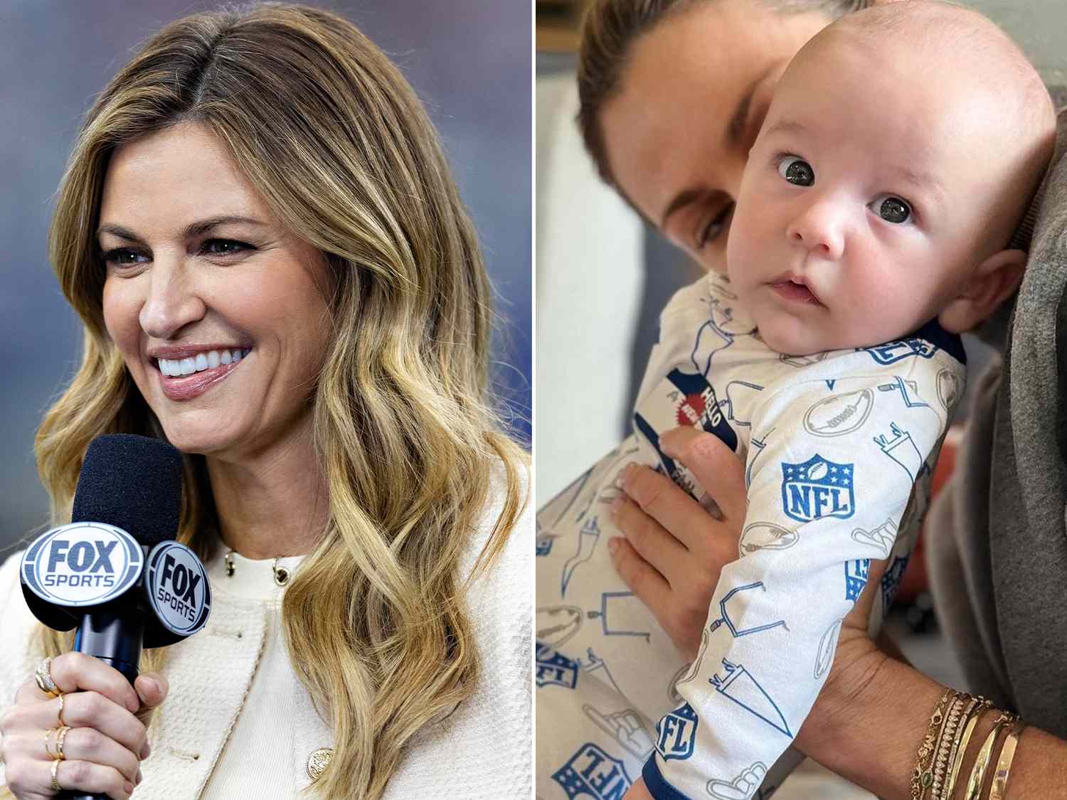 Erin Andrews on the field before a game between the Washington Commanders and the Dallas Cowboys. ; Erin Andrews and her son Mack. 