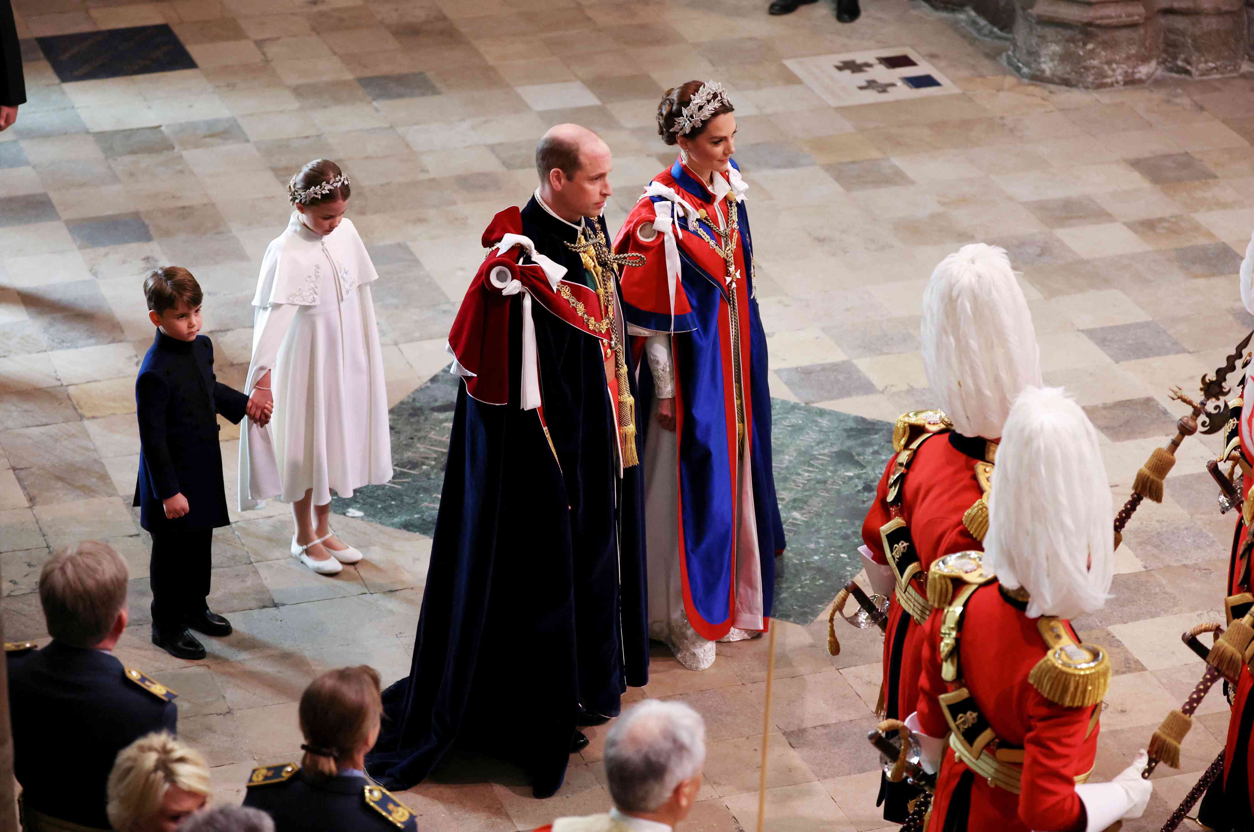 Prince William and Catherine, Princess of Wales arrives for the Coronation of King Charles III and Queen Camilla on May 6, 2023 in London, England.