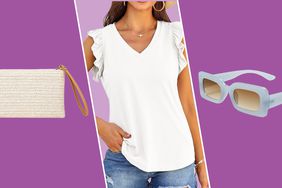 Collage of a purse, white ruffled shirt and sunglasses we recommend on a purple background