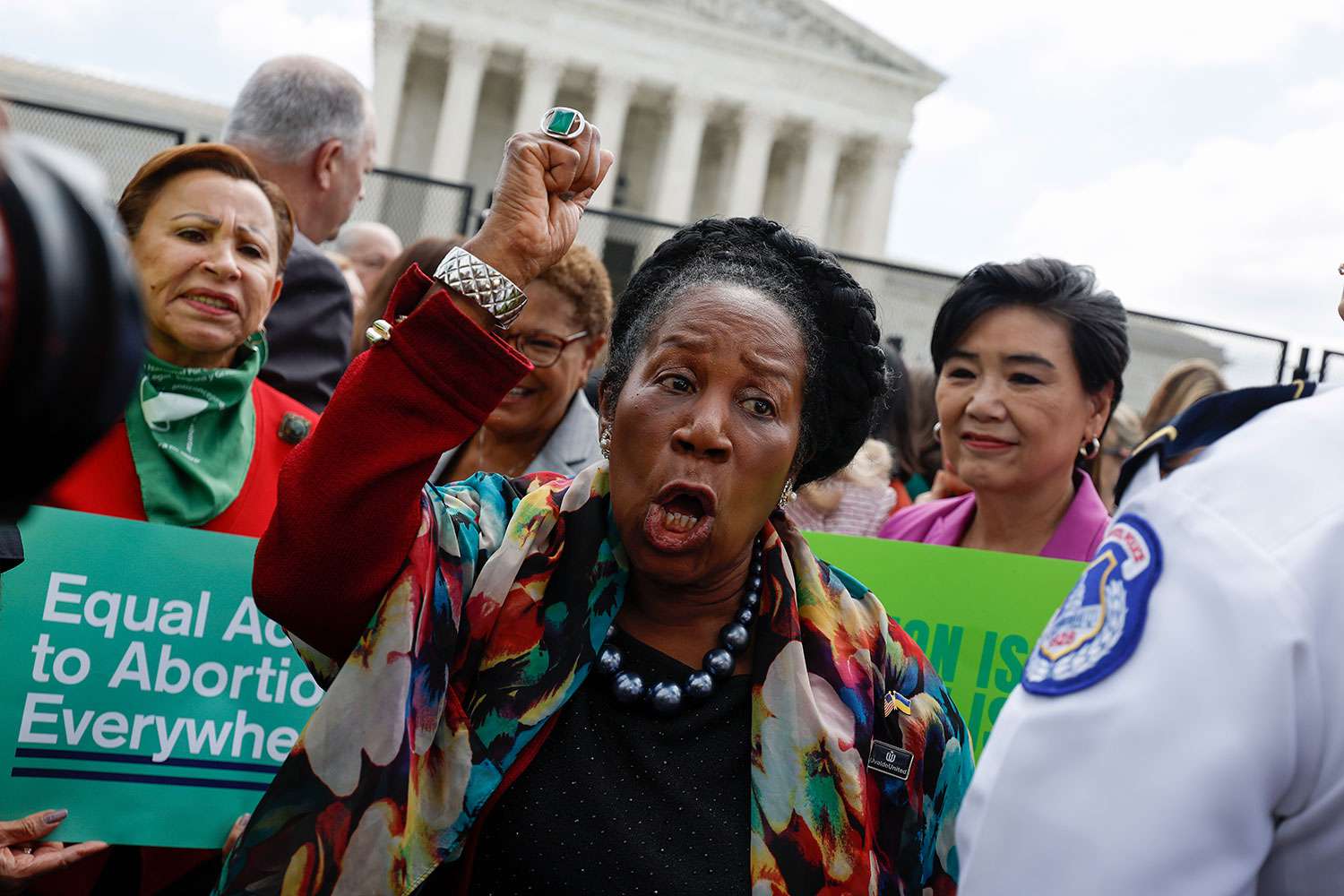 Rep. Sheila Jackson Lee (D-TX) speaks to Abortion-rights activists after the announcement to the Dobbs v Jackson Women's Health Organization ruling in front of the U.S. Supreme Court on June 24, 2022 in Washington, DC. The Court's decision in Dobbs v Jackson Women's Health overturns the landmark 50-year-old Roe v Wade case and erases a federal right to an abortion.