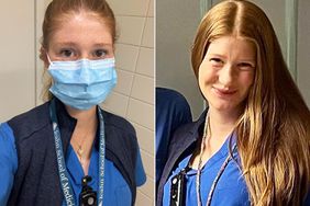 Jenn Gates Nassar in scrubs and a face mask; Jenn Gates Nassar posing with other nurses in the NICU