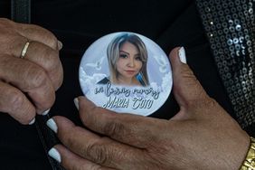 Judy Yanes, sister of Maria Coto, wears a button with a photo of Coto at the Westchester County Courthouse in White Plains July 30 2024 where she attended the arraignment of Hasseem Jenkins. Jenkins was charged in for the murder of Coto