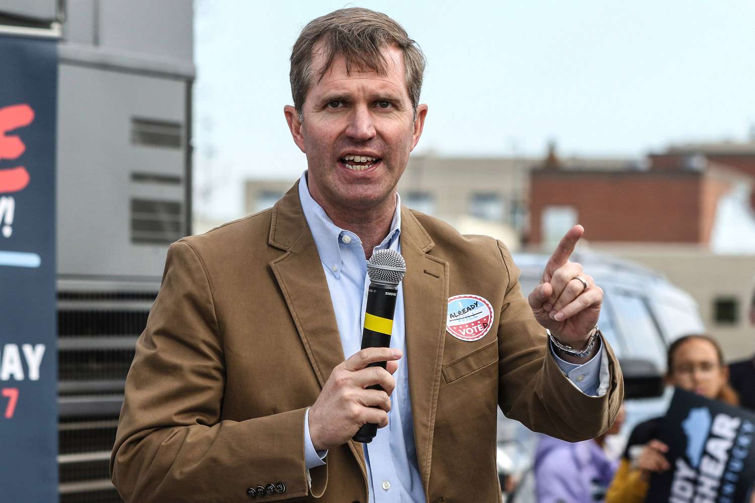 Kentucky Governor and Democratic candidate for re-election Andy Beshear speaks at the Democratic Party of Daviess County Headquarters during a bus tour across Kentucky, Saturday, Nov. 4, 2023, in Owensboro, Ky