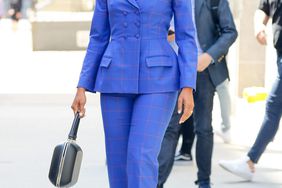 Gabrielle Union looks radiant in a plaid blue suit while leaving WWHL in New York City