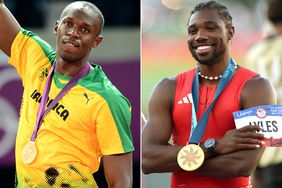 Usain Bolt celebrates on the podium during the medal ceremony after the men's 200m final; Noah Lyles poses with the flag and the gold medal after winning the men's 100 meter final 