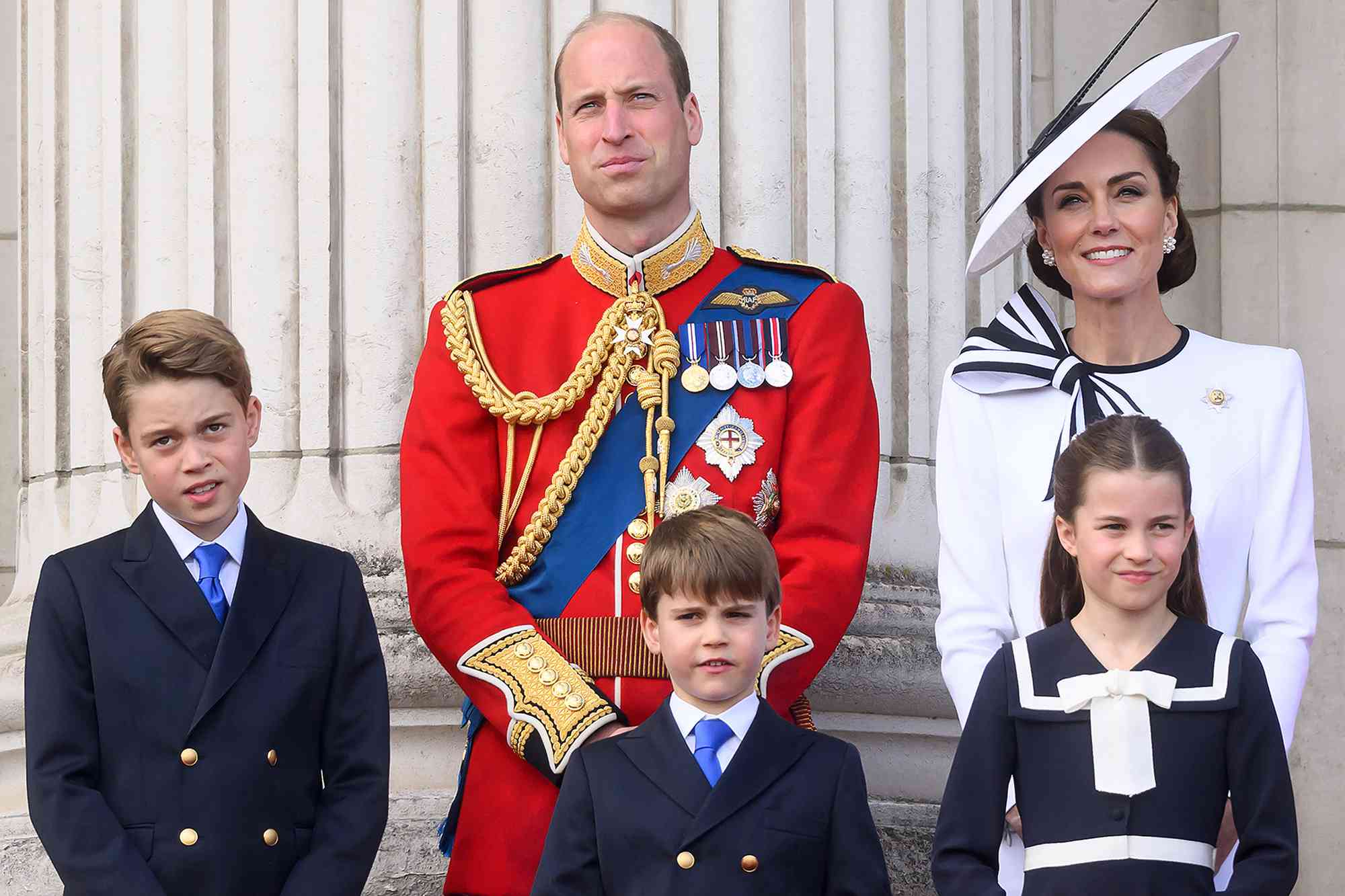 Prince George of Wales, Prince William, Prince of Wales, Prince Louis of Wales, Princess Charlotte of Wales and Catherine, Princess of Wales on the balcony of Buckingham Palace during Trooping the Colour on June 15, 2024 in London, England. Trooping the Colour is a ceremonial parade celebrating the official birthday of the British Monarch. The event features over 1,400 soldiers and officers, accompanied by 200 horses. More than 400 musicians from ten different bands and Corps of Drums march and perform in perfect harmony. 