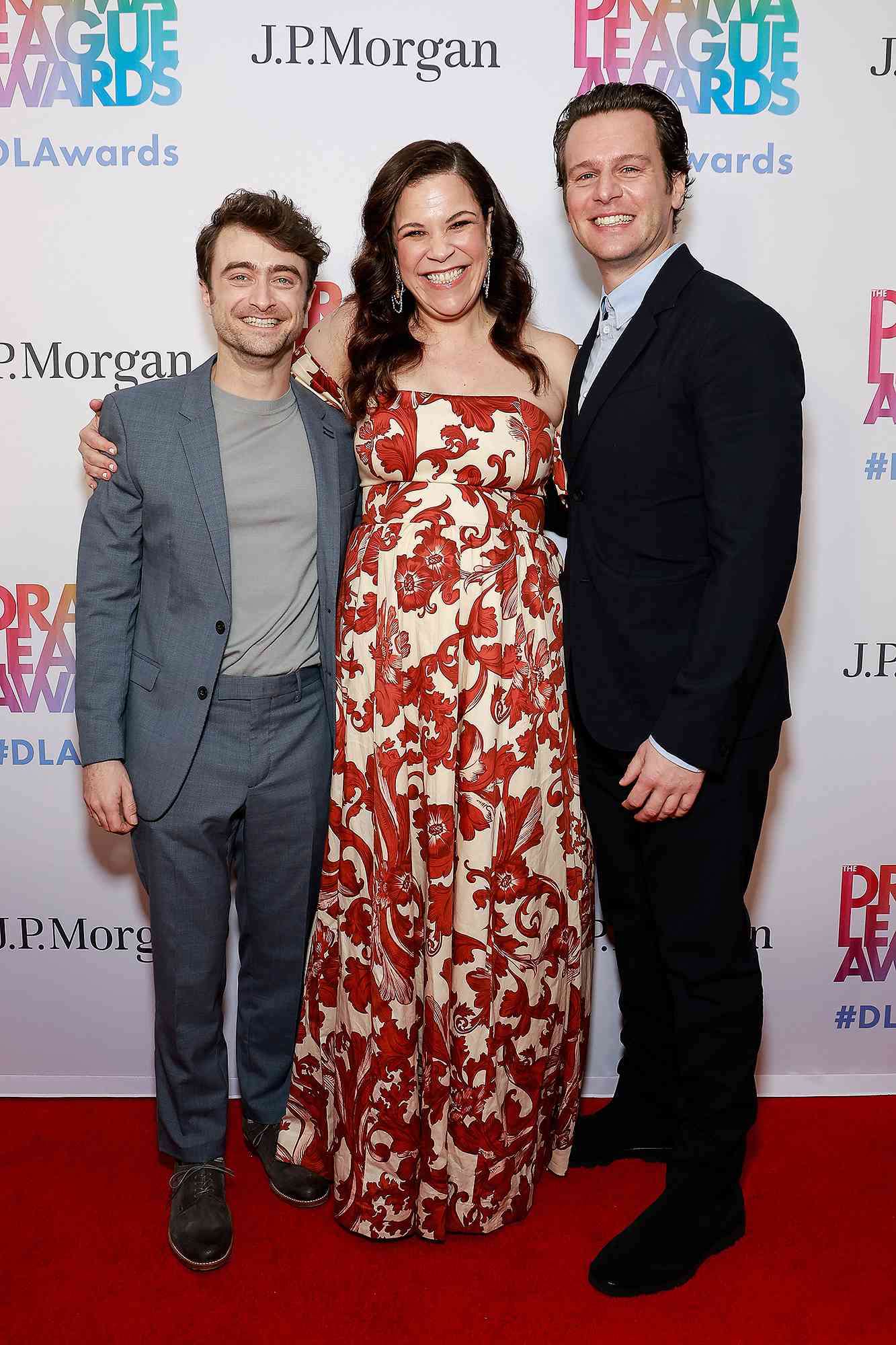 Daniel Radcliffe, Lindsay Mendez and Jonathan Groff attend the 90th annual Drama League Awards at The Ziegfeld Ballroom on May 17, 2024 in New York City. 