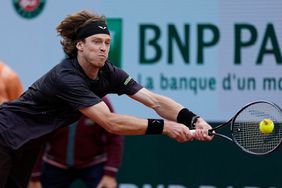 PARIS, FRANCE - MAY 31: Andrey Rublev plays a backhand shot during the 3rd round of Roland Garros 2024 match between Andrey Rublev vs Matteo Arnaldi at Roland Garros Stadium on May 31, 2024 in Paris, France.