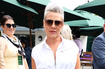 P!NK attends day twelve of the Wimbledon Tennis Championships at the All England Lawn Tennis and Croquet Club on July 12, 2024 in London, England.