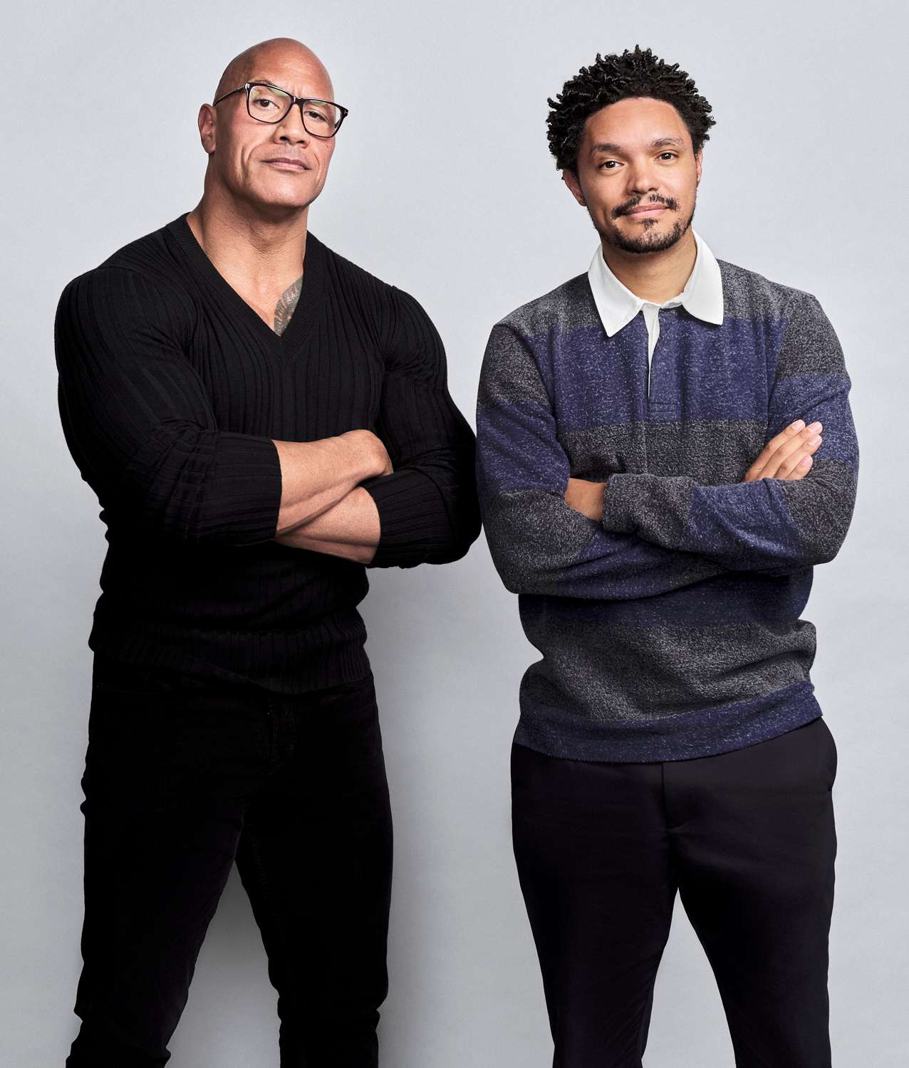 Dwayne Johnson and Trevor Noah at the Spotify studio