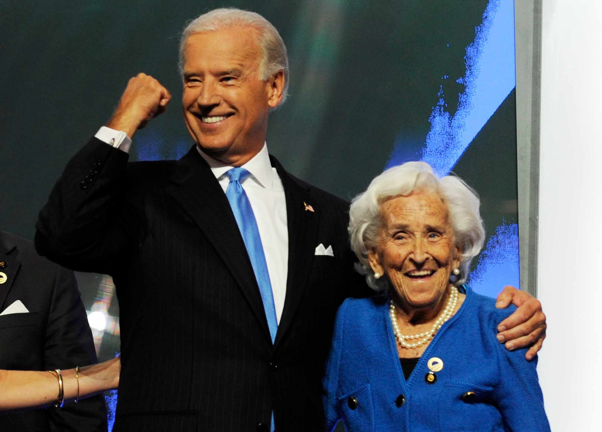 Joe Biden on stage after his speech with his mother, Jean, at the Pepsi Center during the third day of the Democratic National Convention on August 27, 2008.