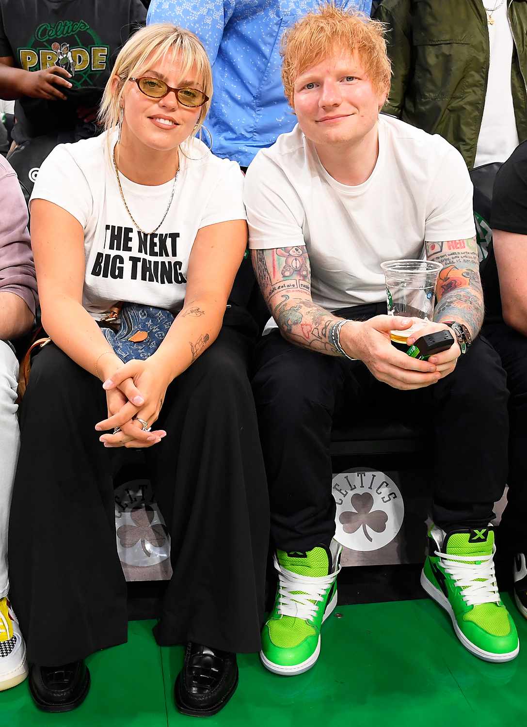 Renee Rapp and Ed Sheeran attends the game between the Indiana Pacers and Boston Celtics during Game 2 of the Eastern Conference Finals of the 2024 NBA Playoffs on May 23, 2024 at the TD Garden in Boston, Massachusetts.