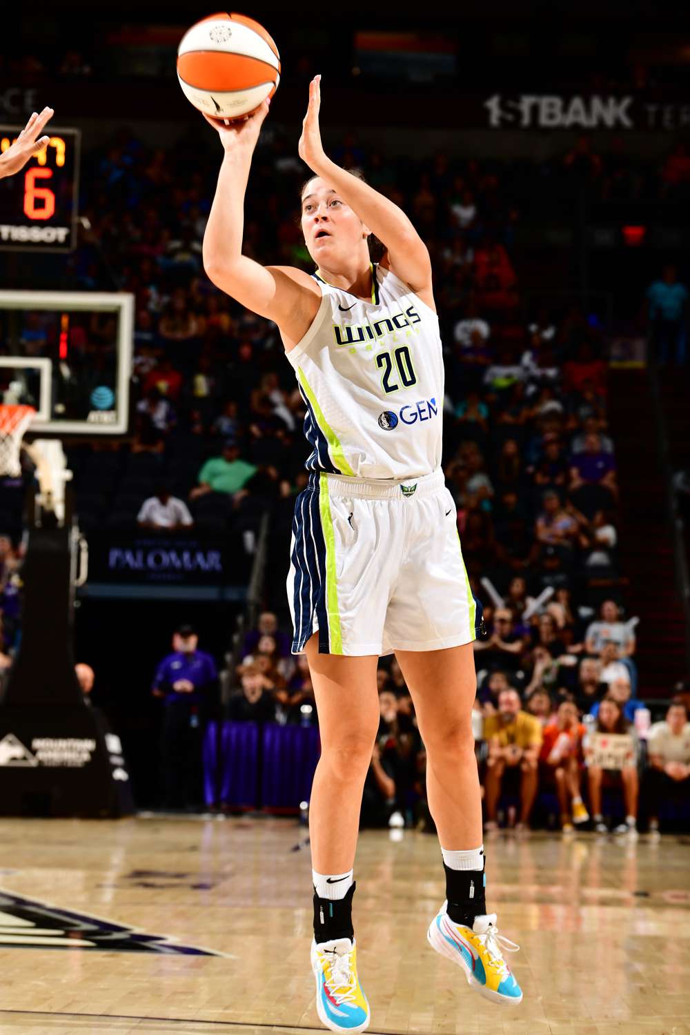 Maddy Siegrist #20 of the Dallas Wings shoots the ball during the game against the Phoenix Mercury on August 27, 2023