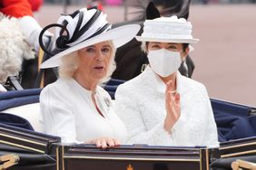 Queen Camilla with Empress Masako of Japan arriving at Buckingham Palace during the ceremonial welcome for start of the State Visit to Britain by the Japanese Emperor and Empress on June 25, 2024 in London, England.