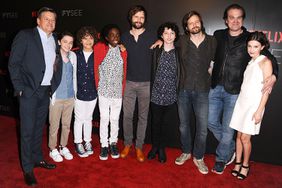 (L-R) Netflix CCO Ted Sarandos, Noah Schnapp, Gaten Matarazzo, Caleb McLaughlin, writer/producer Matt Duffer, Finn Wolfhard, writer/producer Ross Duffer, David Harbour, and Millie Bobby Brown attend the "Stranger Things" FYC event at Netflix FYSee Space on June 6, 2017 in Beverly Hills, California.