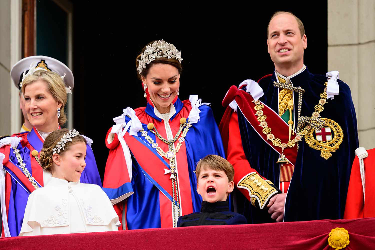 Sophie, Duchess of Edinburgh, Princess Charlotte, Prince Louis, Catherine, Princess of Wales and Prince William, Prince of Wales stand on the balcony of Buckingham Palace during the Coronation of King Charles III and Queen Camilla