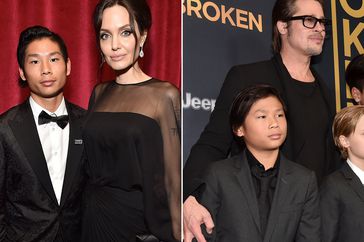 Pax Jolie-Pitt and Angelina Jolie attend the Netflix Golden Globes after party on January 7, 2018 in Beverly Hills, California. ; Brad Pitt and Pax Thien Jolie-Pitt at the premiere of Universal Studios' "Unbroken" on December 15, 2014 in Hollywood, California. 