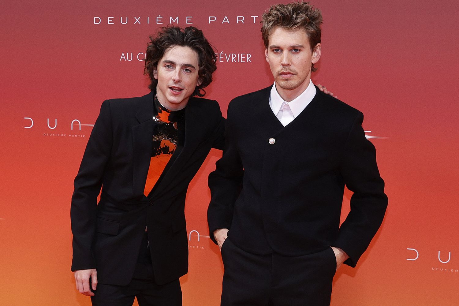 Timothee Chalamet (L) and US actor Austin Butler pose for a photocall during the preview screening event for the film "Dune: Part Two"