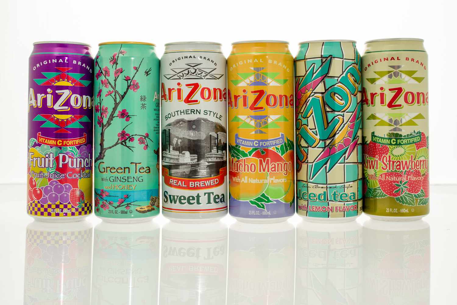 Six cans of Arizona drinks in assorted flavors on an isolated backgound