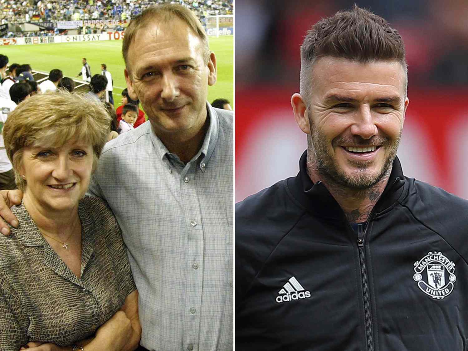 Sandra and Ted Beckham at the 2002 World Cup. ; David Beckham prior to the Manchester United '99 Legends v FC Bayern Legends match in 2019.