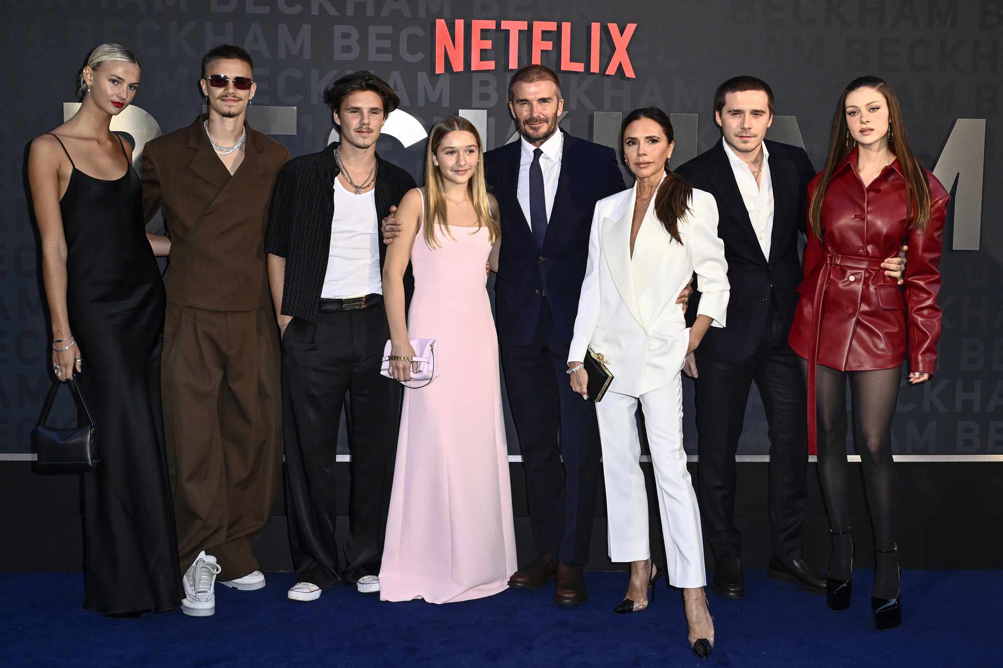 Mia Regan, Romeo Beckham, Cruz Beckham, Harper Beckham, David Beckham, Victoria Beckham, Brooklyn Peltz Beckham and Nicola Peltz Beckham attend the Netflix 'Beckham' UK Premiere at The Curzon Mayfair on October 03, 2023 in London, England. 