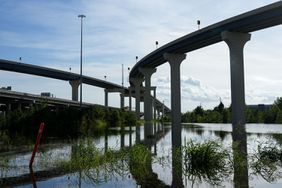 Water fills a detention pond after Hurricane Beryl struck the city Monday, July 8, 2024, in Houston