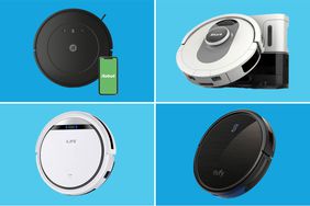 Collage of the iRobot, Shark, and Eufy Robot vacuums on a blue background