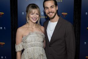 Melissa Benoist and actor Chris Wood attend the red carpet for the shows 100th episode celebration at the Fairmont Pacific Rim Hotel on December 14, 2019 in Vancouver, Canada