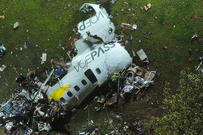 The debris at the site where an airplane crashed with 61 people on board, in Vinhedo, Sao Paulo state, Brazil, early on Saturday, Aug. 10, 2024.