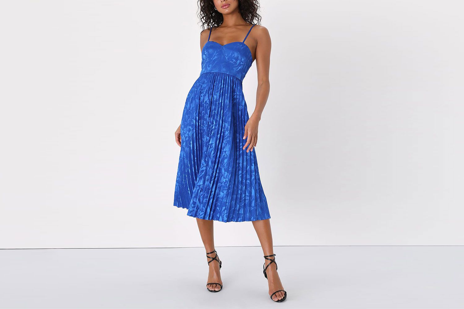 Lulus Chic Sensibility Cobalt Blue Satin Jacquard Pleated Midi Dress