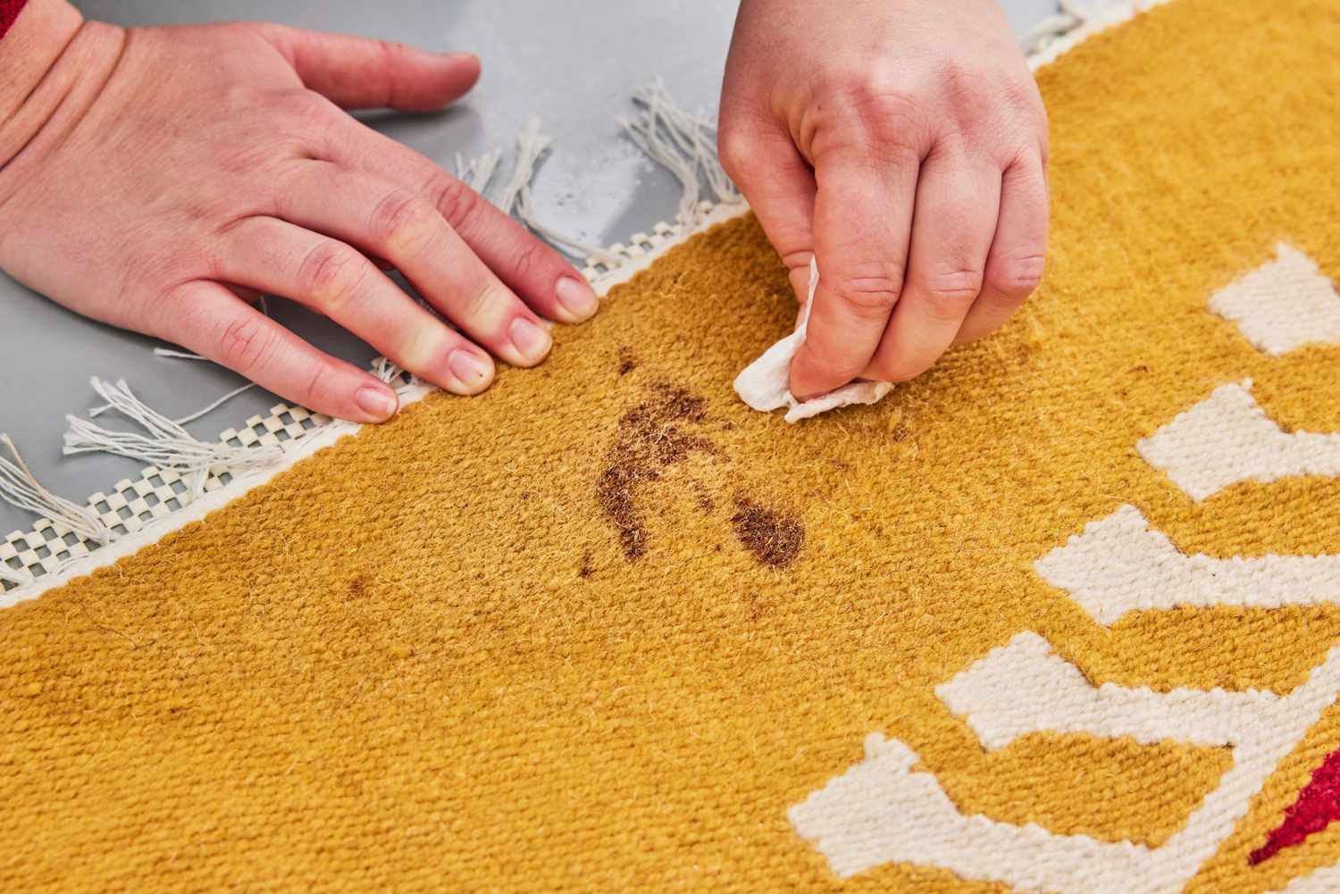 A person blots at a stain on the 54 Kibo Cypress Mustard Floral Area Rug