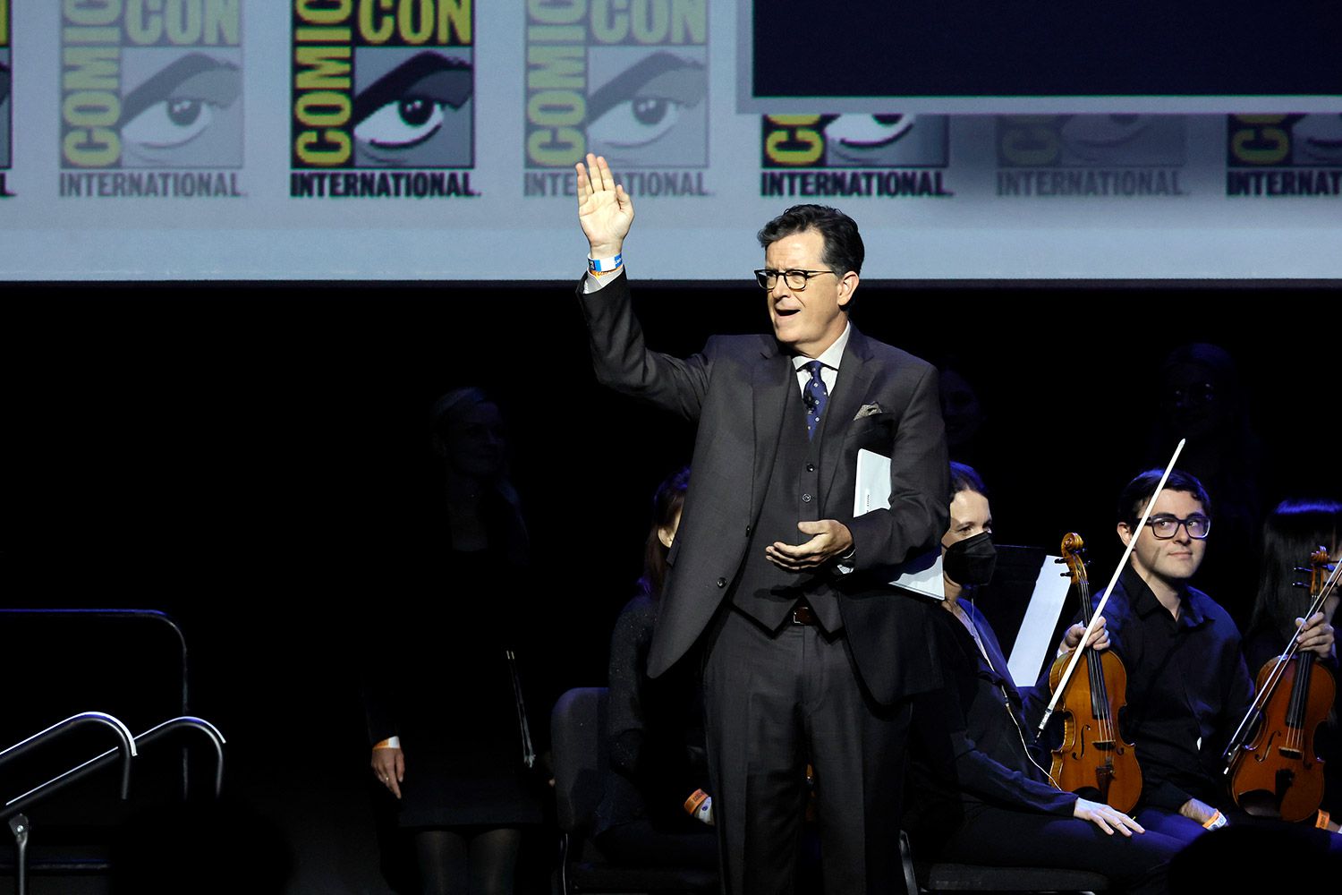 SAN DIEGO, CALIFORNIA - JULY 22: Stephen Colbert speaks onstage at "The Lord of the Rings: The Rings of Power" panel during 2022 Comic-Con International: San Diego at San Diego Convention Center on July 22, 2022 in San Diego, California. (Photo by Kevin Winter/Getty Images)