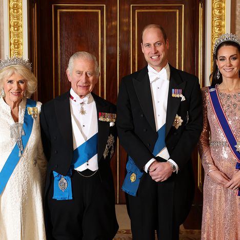 LONDON, ENGLAND - DECEMBER 05: (EDITORIAL USE ONLY) (L-R) Queen Camilla, King Charles III, Prince William, Prince of Wales and Catherine, Princess of Wales pose for a photograph ahead of The Diplomatic Reception in the 1844 Room at Buckingham Palace on December 05, 2023 in London, England. 