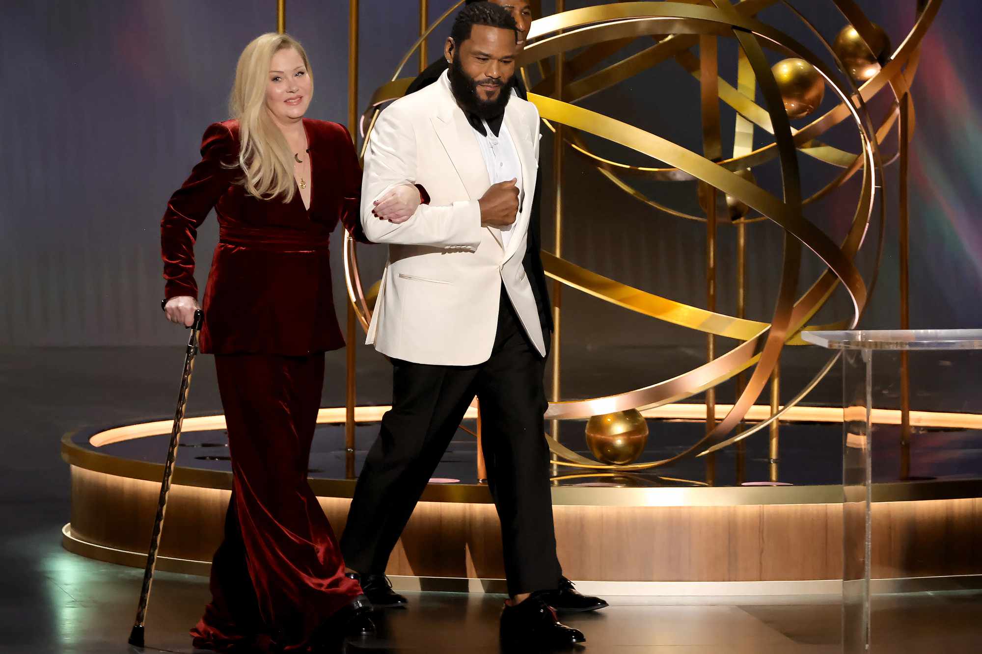 Christina Applegate and host Anthony Anderson speak onstage during the 75th Primetime Emmy Awards at Peacock Theater on January 15, 2024 in Los Angeles, California.