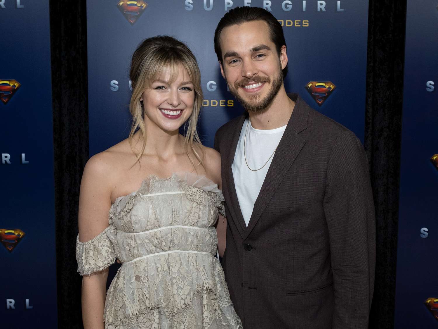 Melissa Benoist and actor Chris Wood attend the red carpet for the shows 100th episode celebration at the Fairmont Pacific Rim Hotel on December 14, 2019 in Vancouver, Canada