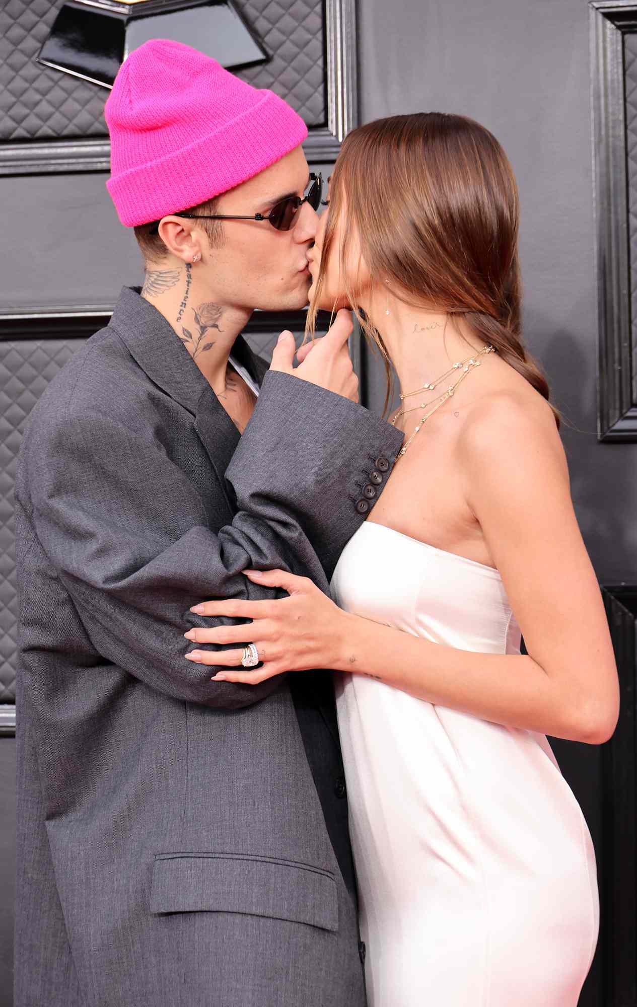 Justin Bieber and Hailey Bieber attend the 64th Annual GRAMMY Awards at MGM Grand Garden Arena on April 03, 2022 in Las Vegas, Nevada